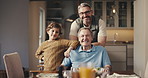 Face, grandfather and child with dad in family home, love and care with happy generations bonding. Boy, grandpa and father with smile at dining room, connection and support with portrait together