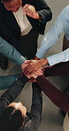 Hands, stack and above of business people in office for solidarity, support and motivation. Applause, professional and men with women in circle for collaboration, agreement and partnership for goals