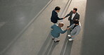 Businessmen, teamwork and handshake in meeting, discussion or agreement for real estate opportunity. Above, space and shaking hands with realtor, happy colleagues and approval for property investment