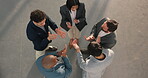 Business people, teamwork and applause in meeting, celebration and planning for partnership success. Collaboration, space and clapping with colleagues, above and happy for achievement in office
