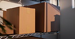 Shelf, boxes and distribution in empty warehouse for shipping, supply chain and ecommerce inventory. Cardboard, package and storage unit in stock room, logistics and small business merchandise
