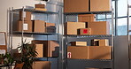 Boxes, shelf or storage for logistics startup, distribution or shipping facility with parcel or stock. Empty, small business or courier service with package, inventory and supplier for dropshipping
