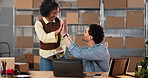 Logistics, high five and people with laptop for discussion with invoice, ecommerce or distribution. Parcel, clipboard and team with tech for small business, inventory and shipping or courier app