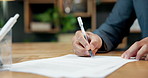 Businessman, hands or document with signature in office for legal agreement, application or contract. Man, employee or signing with paperwork for policy, business deal or job opportunity in workplace