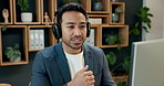 Headphones, video call and businessman with computer in office for planning finance project. Audio tech, waving and financial manager on virtual discussion for investment proposal in workplace.