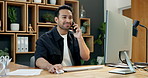Phone call, computer and businessman in office with communication, contact or finance negotiation. Cellphone, technology and financial manager on mobile discussion for investment deal in workplace.