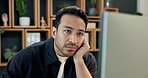 Bored, businessman and computer with stress in office for lazy day, procrastination or fatigue. Tired, man or employee wasting time with technology for burnout or unproductive agenda in workplace