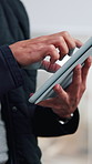 Hands, tablet and person scroll in business, publication or review story with information research. Author, internet and tech in office with creative project, update notification or manuscript draft