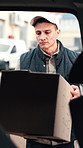 Pack, delivery man and boxes in van for logistics, supply chain and shipment handling for export. Courier service, worker and loading vehicle outdoor for distribution, transit preparation or packages