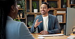 Client, man and talk at meeting with computer for insurance, risk assessment or policy advice. Advisor, smile or speaking to person with tech for protection plan, premium benefits or quote in office