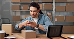 Distribution, code and man with phone for typing with invoice, ecommerce or small business. Parcel, entrepreneur and person with tech for logistics, inventory and shipping or scanner app for courier