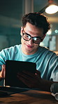 Night, tablet and creative man in business for graphic design, project approval or scroll review. Tech, smile and male person in office with brand layout, development or editing brochure on overtime