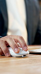 Man, hands and mouse in office with computer, click and editing online news draft for blog website. Editor, person and browsing in creative agency with desktop, article revision or story development.
