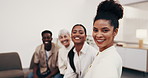 Selfie, laugh and face of business people in office for social media, memory and about us. Portrait, pov and men with women smile for photo, profile picture and capture moment for company website