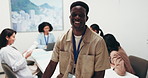 Face, happy and man in meeting with doctor, leadership and discussion for treatment opinion. Portrait, medical officer and team in office for patient care, clinical briefing and healthcare supervisor