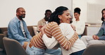 Happy, therapist and patient hug in support group meeting for psychology, healing or rehabilitation. Counselor, people and embrace in therapy session with mental health advice, recovery and help.