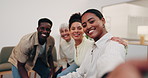 Selfie, happy and face of business people in office for social media, memory and about us. Portrait, pov and men with women smile for photo, profile picture and capture moment for company website