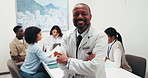 Face, man and doctor in meeting with smile, leadership and medical discussion for patient case. Portrait, mature surgeon and team in office with arms crossed, clinical briefing and healthcare outcome