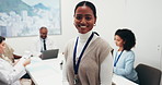 Happy, face and woman in meeting with doctors, healthcare worker or admin for financial planning. Portrait, hospital and person with pride for medical insurance, budget and finance advisor for clinic