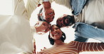 Below, huddle and happy people in business with hug, good mood and work together for collaboration. Support, team diversity and embrace in workplace meeting with smile, group solidarity and synergy.