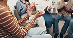 People, therapy and hands with applause in support group for meeting, winning or social counseling. Community, huddle or clapping in circle of trust for achievement or team building session together
