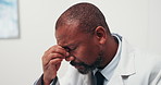 Man, headache and doctor in hospital with stress for mistake, admin error and healthcare report. Worry, burnout and African person with fatigue, tired and pressure for career, medical review and risk