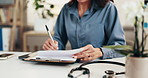 Doctor, hands and writing prescription for patient healthcare, help and sick letter in clinic. Paper, consultation or woman with note in hospital for referral, dose instruction or medical certificate