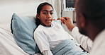 Hand, doctor and child at hospital with thermometer, fever symptoms and high temperature of illness. Pediatrician, checkup and overheating kid in bed with influenza, assessment and weak immune system