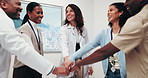 Medical, clap and people in clinic with handstack, achievement and motivation in hospital teamwork. Happy, applause and doctor with support gesture, success and encouragement in healthcare synergy.