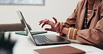 Wrist pain, stretching and hands in office with laptop, burnout and joint issue with carpal tunnel. Ache, woman and employee in workplace with technology, muscle strain and arthritis in overwork.