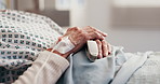 Hands, old person and bed at hospital with iv drip, hydration and fluid medication for recovery. Senior patient, medical and oximeter in ware with intravenous therapy, liquid antibiotics and healing