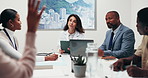 Healthcare, team and listen to question in meeting, writing or treatment plan with group in clinic. Medical professional, discussion and people with technology in hospital, collaboration and strategy