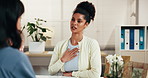 Patient, doctor and consultation with woman for chest pain, health risk or headache symptoms. Migraine, medical worker and talking to person for help, sickness or cardiology assessment in office