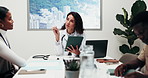 Healthcare, team and woman with tablet in boardroom, writing or treatment plan with group in clinic. Medical professional, discussion and people with notes in hospital, collaboration and strategy