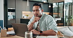Remote work, home and man with laptop, thinking and research for article publication or copywriting. Freelancer, reflection and person with technology, email marketing and editing blog post in house