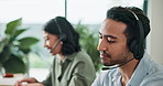 Call center, advice and talking with business man in office for sales consultant, coworking and help desk. Feedback, contact us and b2b team with employees in telecom agency for customer service
