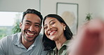 Face, couple and selfie in home with care, happy relationship and laughing together with partner. POV, man and woman with photo for connection, social media status and profile picture with love