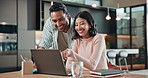 Laptop, planning and pointing with couple in home for payment option, banking research and discussion. Joint account, savings review and conversation with man and woman with tech in house for policy