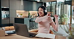 Dance, laptop or woman in house with headphones, song connection or music playlist in remote work. Rhythm, happy or freelancer in lounge with tech, feeling beat or radio subscription on audio app.