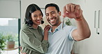 Real estate, face and couple in house with key, fresh start and investment in dream home. Property, portrait or happy people with purchase, housing success or moving achievement for new homeowners.