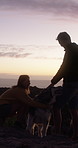 Fitness, hike and couple with dog in nature for bonding, exercise or adventure together. Health, space and man with woman for outdoor trekking with puppy for workout, wellness or sunset on mountain