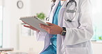 Hands, doctor and reading in office with tablet, research and email referral for surgery results. Woman, review and agenda in hospital with tech, medical report and telehealth for healthcare services