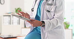 Hands, doctor and typing in office with tablet, research and email referral for surgery results. Person, review and agenda in hospital with tech, medical report and telehealth for healthcare services