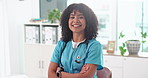 Nurse, face and happy woman with confidence in office for medical service, assistance or help. Portrait, female person or healthcare worker with smile or arms crossed for health advice in clinic