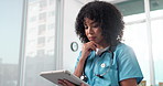 Thinking, woman and nurse in office with tablet, research and email referral for surgery results. Person, review and ideas in hospital with tech, medical report and telehealth for healthcare services