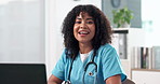 Face, woman and nurse in office with laptop, research and email referral for surgery results. Portrait, person and smile in hospital with pc, medical report and telehealth for healthcare information