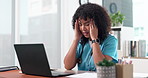 Nurse, laptop and headache with stress in office for overworked strain, pressure or deadline. Tired, woman or healthcare worker with migraine on computer for clinic mistake, burnout or fatigue