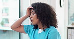 Nurse, woman and window with headache for stress, bad procedure or loss in hospital office. Tired, female person or healthcare worker with migraine or disappointment for medical failure in clinic