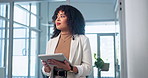 Thinking, smile and woman with tablet in office, publicist and planning for media pitch or research. PR manager, reflection and happy person with technology, walking and campaign strategy on app