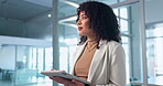 Walking, employee and woman with tablet in office, publicist or planning for media pitch on website. PR manager, reflection and business person with technology, online and campaign strategy on app
